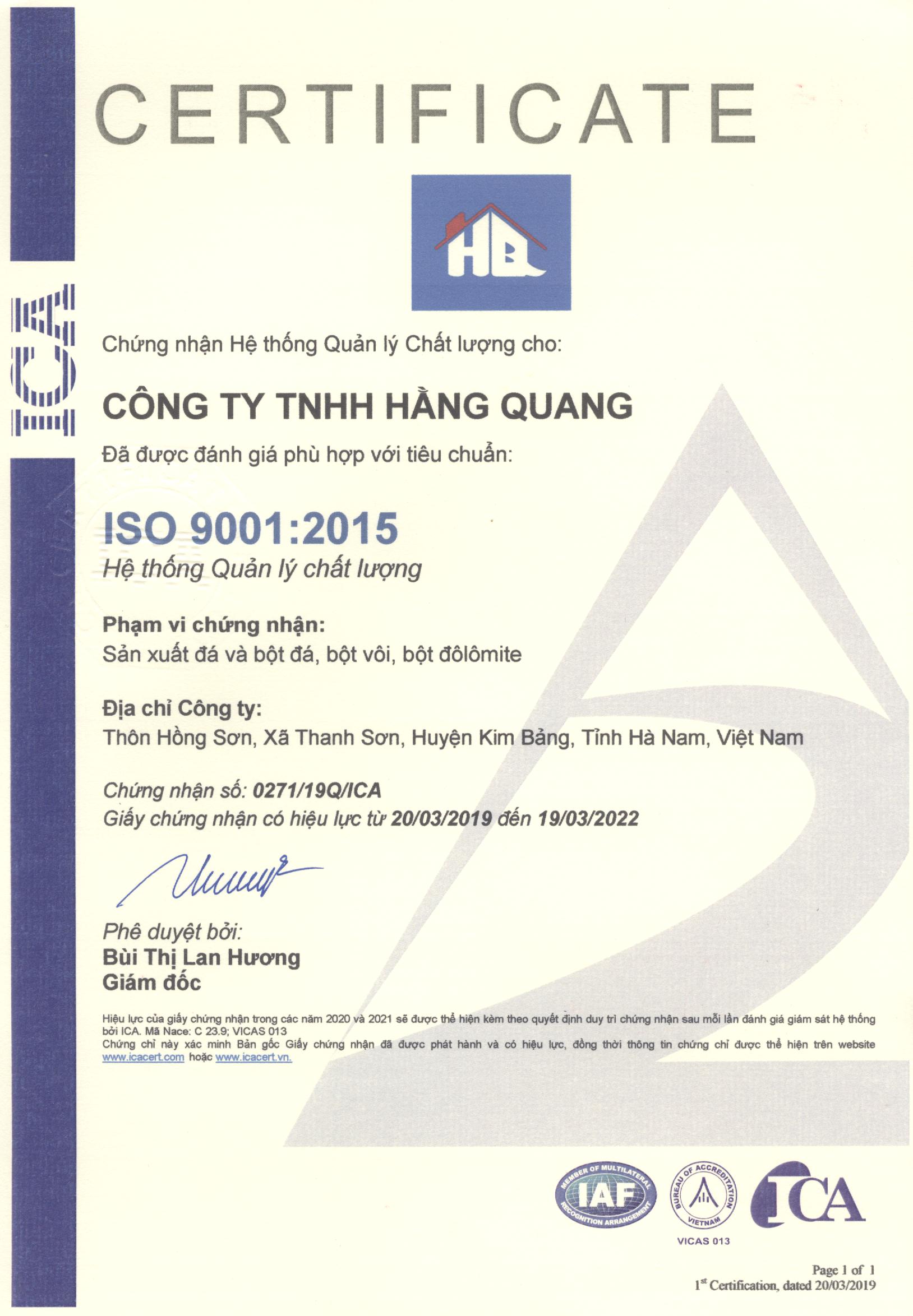 Chứng nhận ISO - Bột Đá Hằng Quang - Công Ty TNHH Thương Mại Hằng Quang